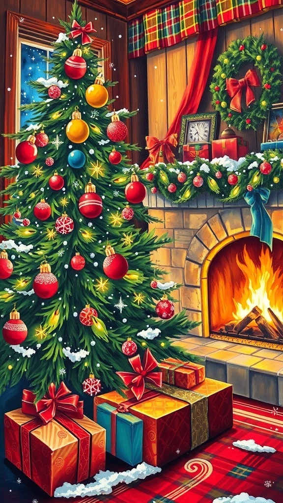 Acrylic painting of a Christmas scene with a decorated tree and fireplace.